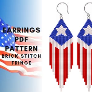 Usa Beaded earring pattern, Brick stitch pattern with fringe, USA flag, 4 July, Independence day Patriotic seed bead pattern PDF digital 148