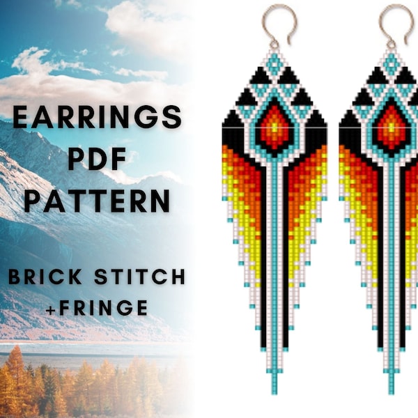 Southwest native American style inspired Seed bead fringe earring pattern, Brick stitch patterns, Bead earring pattern, PDF digital