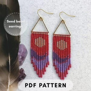 Abstract beaded earring pattern, Miyuki round seed bead, Fringe with triangle frame, Sun mountain Red purple shades PDF digital download 007