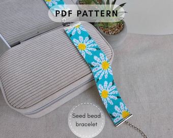 Daisy flower Seed bead pattern, Loom bracelet, Floral design, Miyuki Delica, DIY summer jewelry, Grown up beading pdf digital 002
