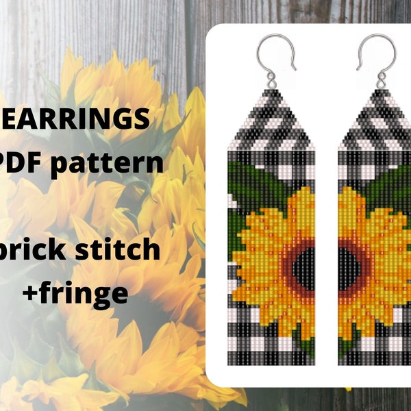 Sunflower brick stitch earring pattern, Beaded fringe earring pattern, Seed bead earring pattern, PDF digital