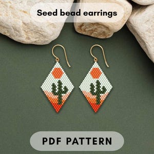 Sun Cactus brick stitch earring pattern, Seed bead jewelry, Miyuki Delica, Rhomb shape beadwork, Sunset desert, PDF digital 432
