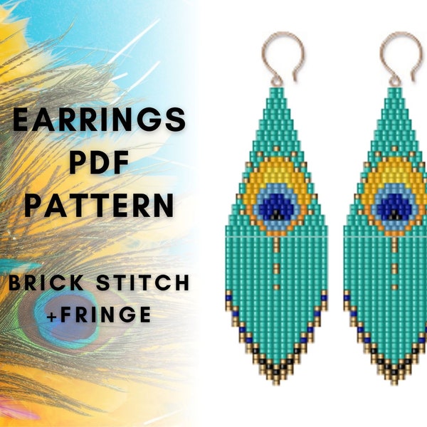 Peacock feather fringe earring pattern, Seed bead jewelry pattern, Brick stitch, Ethnic Beadwork, Native inspired, Boho style, digital