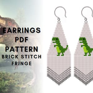 Cute dinosaur seed bead fringe earring pattern, Brick stitch dino, Funny dinosaur, Tyrannosaurus, Brick stitch T-Rex, PDF digital