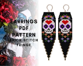 Flower Sugar skull seed bead earring pattern, Halloween earring, Brick stitch Fringe earring pattern, Dia De Los Muertos, PDF digital
