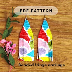 May include: Colorful beaded fringe earrings with a geometric design. The earrings feature a mix of red, yellow, blue, white, pink, and green beads. The text "PDF PATTERN" and "Beaded fringe earrings" are displayed.
