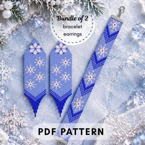 May include: A beaded jewellery set consisting of two long, pointed earrings and a matching bracelet, all featuring a light blue and dark blue snowflake pattern with white accents. The text Bundle of 2 bracelet earrings and PDF PATTERN is visible.