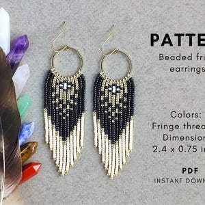May include: Beaded fringe earrings pattern in black, white, and gold. The earrings are 2.4 inches by 0.75 inches. The pattern includes 4 colors and 11 fringe threads. PDF instant download.