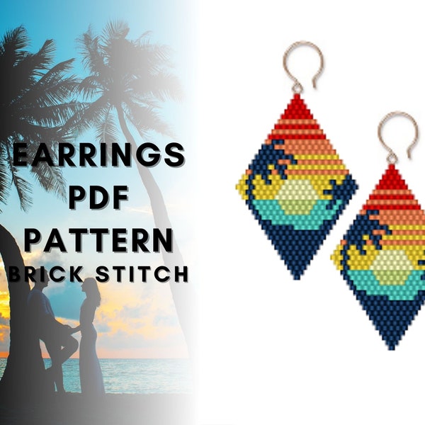 Ocean wave sun brick stitch earring pattern, Seed bead beach, Sunset palm tree, Miyuki Delica, Nature seashore, Rhomb shape, PDF digital
