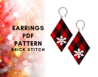 Snowflake Christmas brick stitch earring pattern, Seed bead pattern, Buffalo plaid, Miyuki Delica, Beadweaving for beginner, PDF digital 520