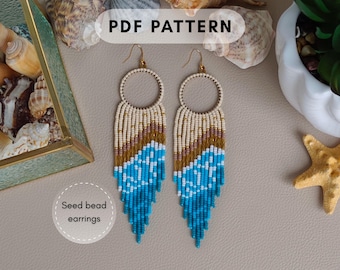 Beaded hoop fringe earring pattern, Seed bead Miyuki round, Seaside Ocean waves, DIY jewelry PDF instant download 084