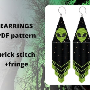 UFO Alien head Brick stitch earring pattern, UFO seed bead earring pattern, Night sky pattern, Beadwork, PDF digital download