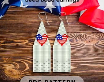 USA heart flag brick stitch fringe earring pattern, 4 July Independence day, Patriotic, Seed bead, Miyuki Delica Beadweaving PDF digital 370