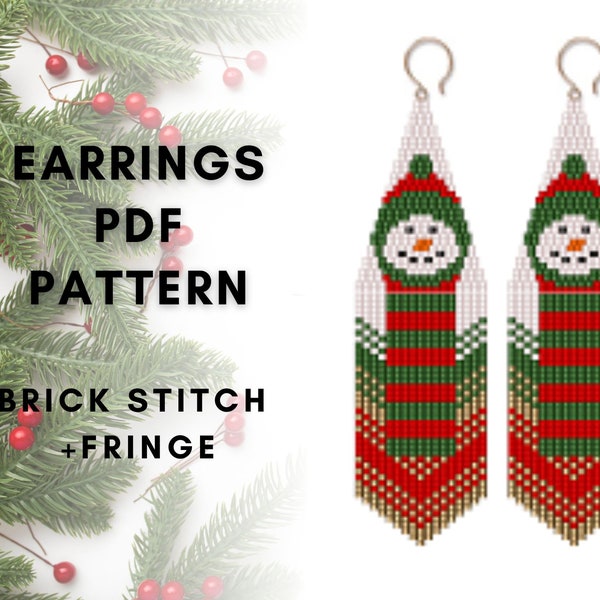 Snowman beaded fringe earring pattern, Winter earrings pattern, Brick stitch, Christmas earring pattern, Fringe earring pattern, PDF digital