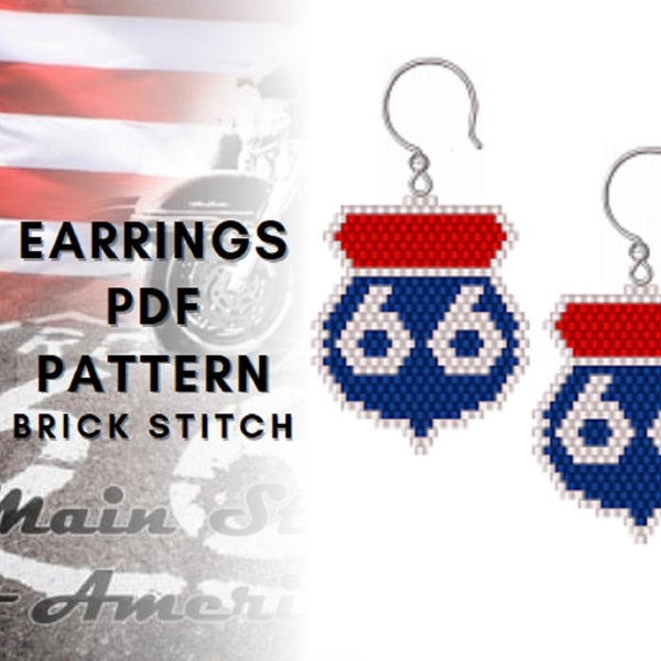US Route 66 brick stitch earring pattern, Seed bead Delica, Historic road Route 66 sign, Rhomb beadwork, Highway 66, digital