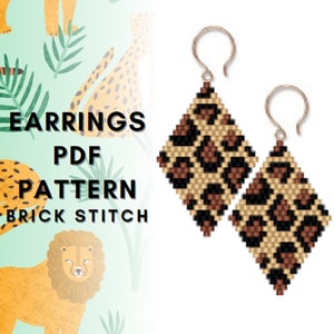 Cheetah skin brick stitch earring pattern, Seed bead Miyuki Delica, Rhombus beadwork, Leopard print, Wild cat, Wildlife, PDF digital