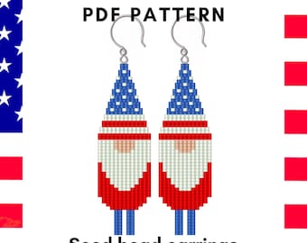 Patriotic gnome brick stitch fringe earring pattern Seed bead 4 July Independence day America style USA design Miyuki Delica PDF digital 371
