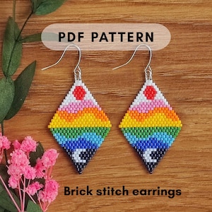 Brick stitch sun moon earring pattern, Miyuki Delica Seed Bead, Beading colorful, Lanscape nature sky ocean sea pdf pattern digital 022