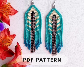 Turquoise seed bead earring pattern, Easy beading, Beadweaving, Brick stitch fringe, Native Ethnic inspired, PDF digital 116