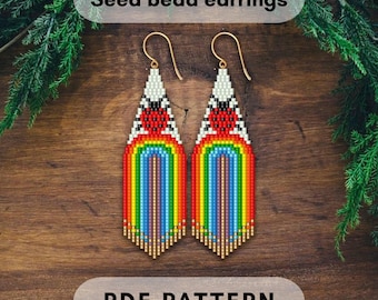 Ladybug on rainbow Seed bead earring pattern Bright fringe earring Brick stitch colorful Patrick day Pdf digital 413