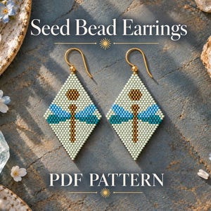 May include: A pair of diamond-shaped seed bead earrings featuring a dragonfly design with a brown body and blue wings on a pale green background. The text "Seed Bead Earrings" and "PDF PATTERN" is displayed above and below the earrings.