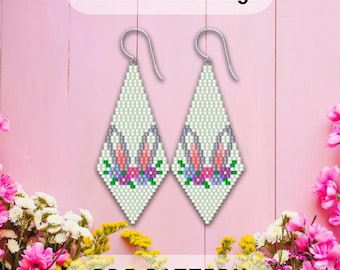 Easter bunny ears beaded earring pattern, Spring floral design, Brick stitch, Seed bead, Bead weaving, Mother's Day, PDF digital 424