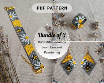 Bundle of 3 beaded patterns Chamomile Bee Honey Peyote ring Loom Bracelet Brick stitch earring Miyuki Delica Seed beads PDF digital 005