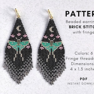 May include: A pattern for beaded earrings with a brick stitch design and fringe. The earrings are black with pink, green, and gold accents. The pattern includes instructions for making the earrings, which are 4 inches by 1.3 inches. The pattern is available as an instant download.