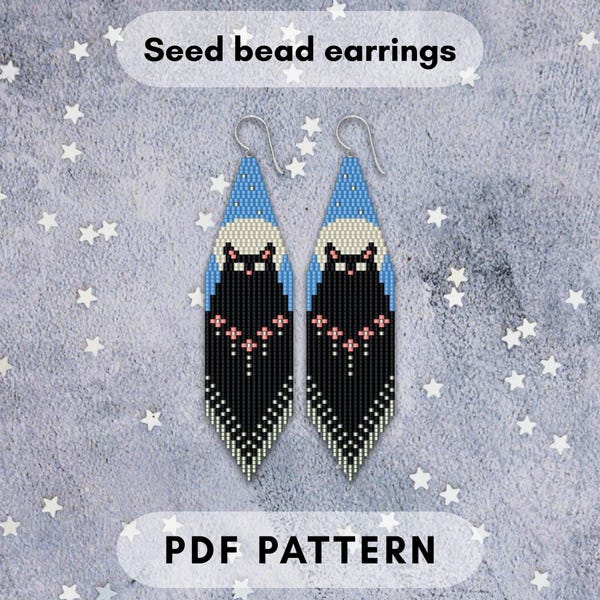 Modello per orecchini con perline di semi di gatto nero Luna piena stregata Punto mattone Frange doppie Design celeste Stile gotico Miyuki Delica PDF digitale 307