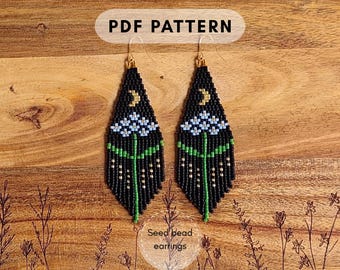 Moon phase seed bead fringe earring pattern, Forget me not, Blue flowers, Miyuki Delica, Double brick stitch Floral design PDF digital  272