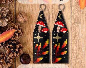 Mushroom beaded fringe earring pattern Fly agaric Seed bead Miyuki Delica Crescent Moon Phase Brick stitch Autumn fall PDF digital 237