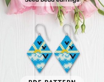 Brick stitch sun sky clouds earring pattern, Bird's flight, Flat rhombus, Miyuki Delica Seed Bead, Beading, Summer design, pdf digital 078