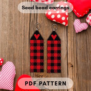 Valentine day heart Buffalo plaid earring pattern, Brick stitch, Seed bead Miyuki Delica, Red black fringe, Beadweaving, PDF digital 528