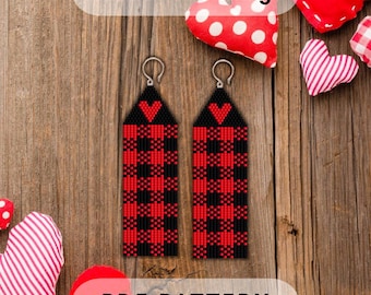 Valentine day heart Buffalo plaid earring pattern, Brick stitch, Seed bead Miyuki Delica, Red black fringe, Beadweaving, PDF digital 528