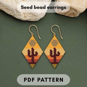Beaded earring pattern, Desert, Cactus silhouette, sun, brick stitch, Seed bead Delica, PDF digital 434