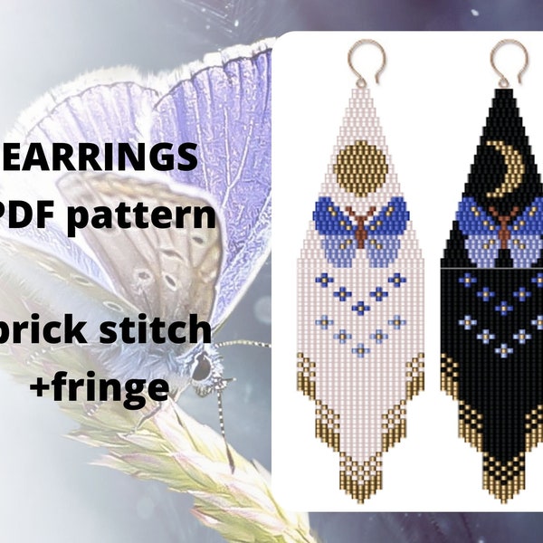 Sun Crescent moon Blue Butterfly Seed bead earring pattern, Insect earring pattern, Luna Phase pattern, Brick stitch, PDF digital download