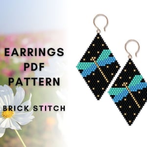 May include: A pair of black and blue beaded earrings with a dragonfly design. The earrings are made with brick stitch and are available as a PDF pattern.