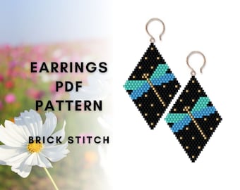 Dragonfly brick stitch earring pattern, Insect Butterfly earring pattern, Seed bead Miyuki Delica, Flat rhombus beadwork, digital