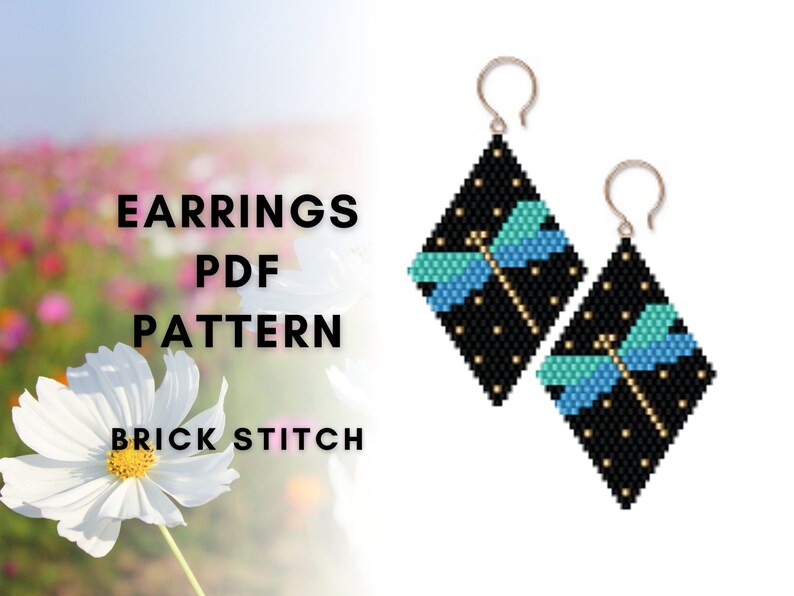 May include: A pair of black and blue beaded earrings with a dragonfly design. The earrings are made with brick stitch and are available as a PDF pattern.