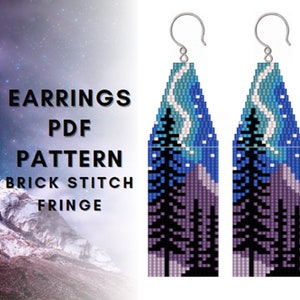 Aurora Lights beaded earring pattern, Mountain and forest, Landscape nature, Seed bead fringe, Starry night, Brick stitch, PDF digital, 539