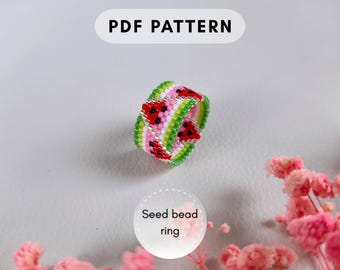 Watermelon Beaded Peyote Ring Pattern, Seed Bead Delica, DIY Summer Jewelry, Grown up beading Pattern PDF digital 004