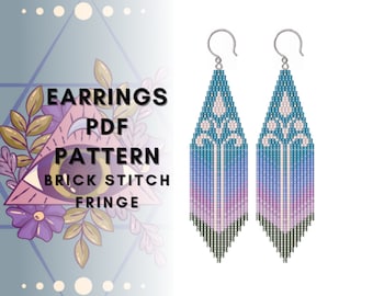 Floral brick stitch fringe earring pattern, Beaded earring pattern, Miyuki Delica, Seed bead pattern, Jewelry making, PDF digital