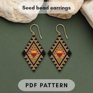 Black brick stitch earring pattern, Seed bead Miyuki Delica, Geometry Rhombus shape, Gradient earth tones, Nature inspired, PDF digital 435