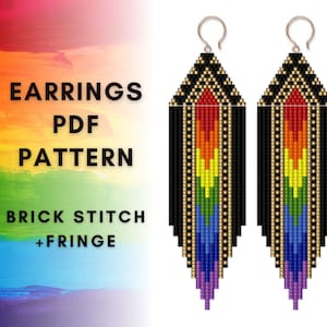 May include: Rainbow beaded earrings with black fringe, made with brick stitch. The earrings are a PDF pattern for crafting.