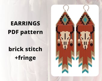 Bull skull seed bead earring pattern, Native inspired pattern, Brick stitch pattern, Beaded earring pattern,  Pdf digital download