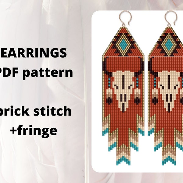 Brick stitch earrings pattern, Native inspired beaded earrings pattern, Bull skull seed bead pattern, Beaded earring pattern,  Pdf digital