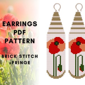 Poppy flower beaded earring pattern, Botanical fringe earring, Brick stitch patterns, Seed bead pattern, Jewelry making, PDF digital, 048