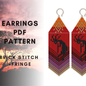May include: A pair of red, black, and gold beaded earrings with a Native American design. The earrings are made with brick stitch and fringe. The earrings are called "EARRINGS PDF PATTERN BRICK STITCH + FRINGE".