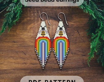 Bee rainbow Beaded fringe earring pattern, Double brick stitch, Miyuki Delica pdf pattern digital 414