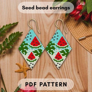 Monstera leaf and watermelon slices beaded earring pattern, Brick stitch fruit, Summer, Greenery design, Seed bead, pdf digital 399